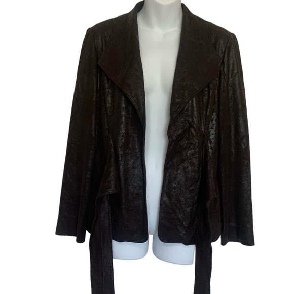 Joseph Ribkoff Wrap Jacket Women Tie Front Chocolate Brown Metallic Faux Suede - Picture 2 of 11